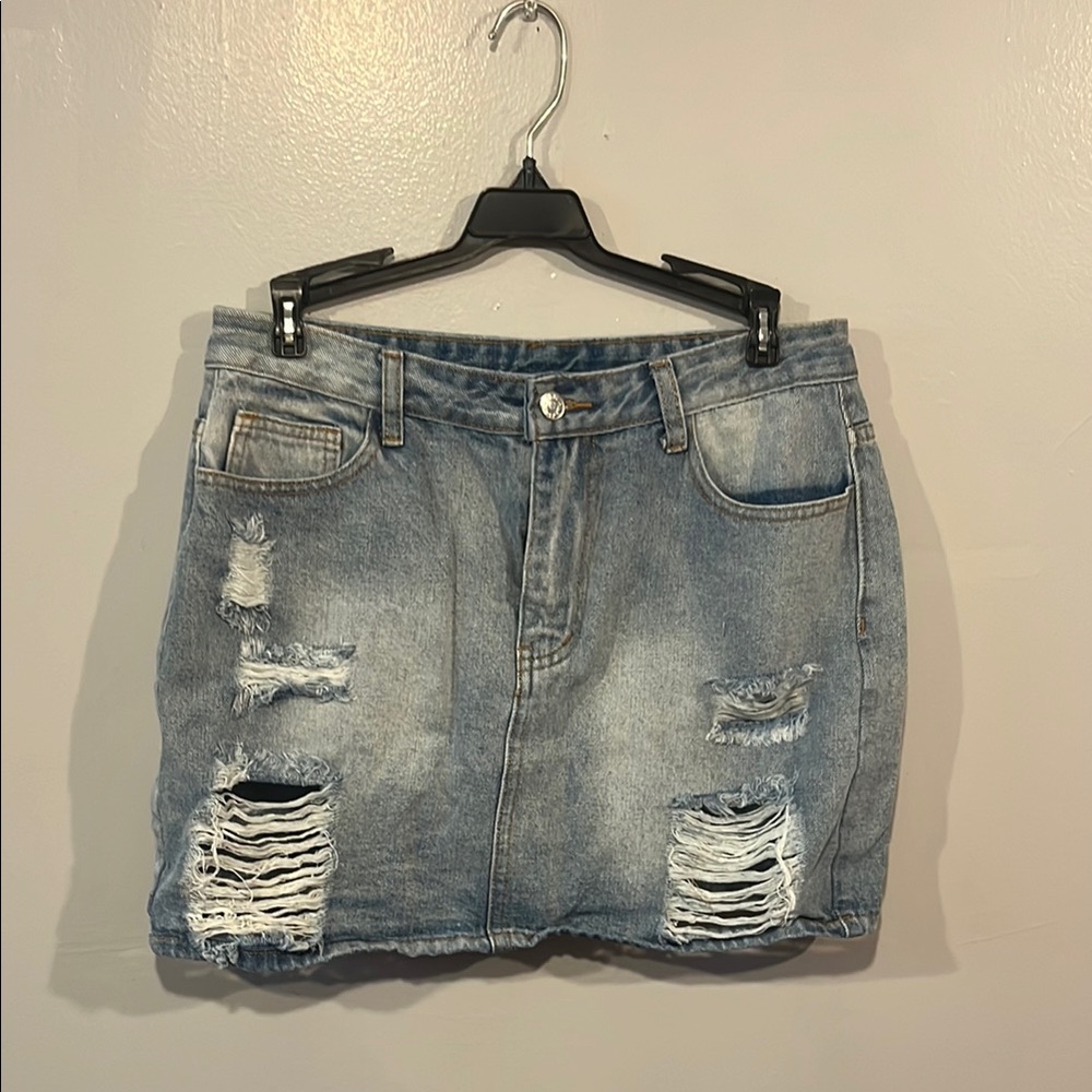 SHEIN Light Blue Ripped Denim Mini Skirt